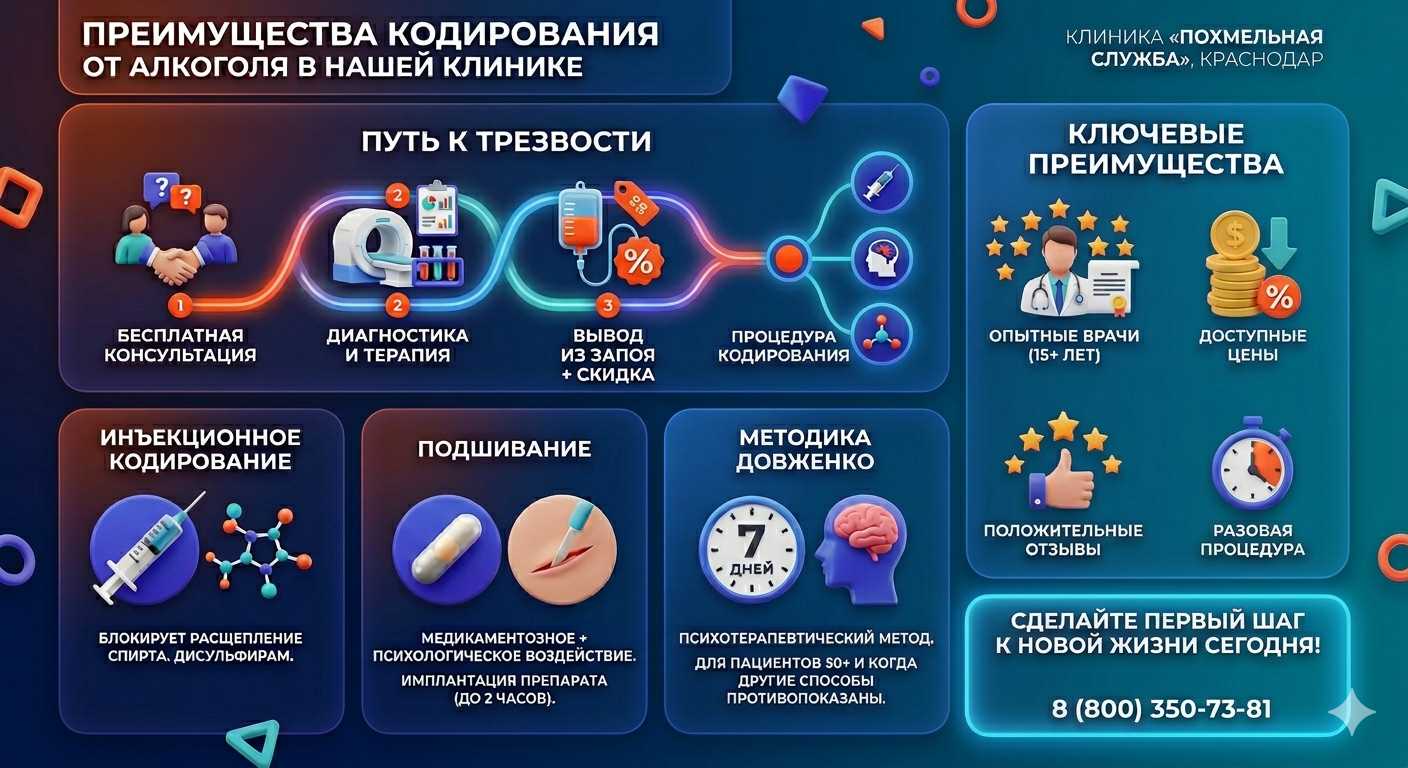 Инфографика о методах кодирования от алкоголя в Каргаполье: инъекции, подшивание, метод Довженко. Преимущества клиники и этапы лечения.